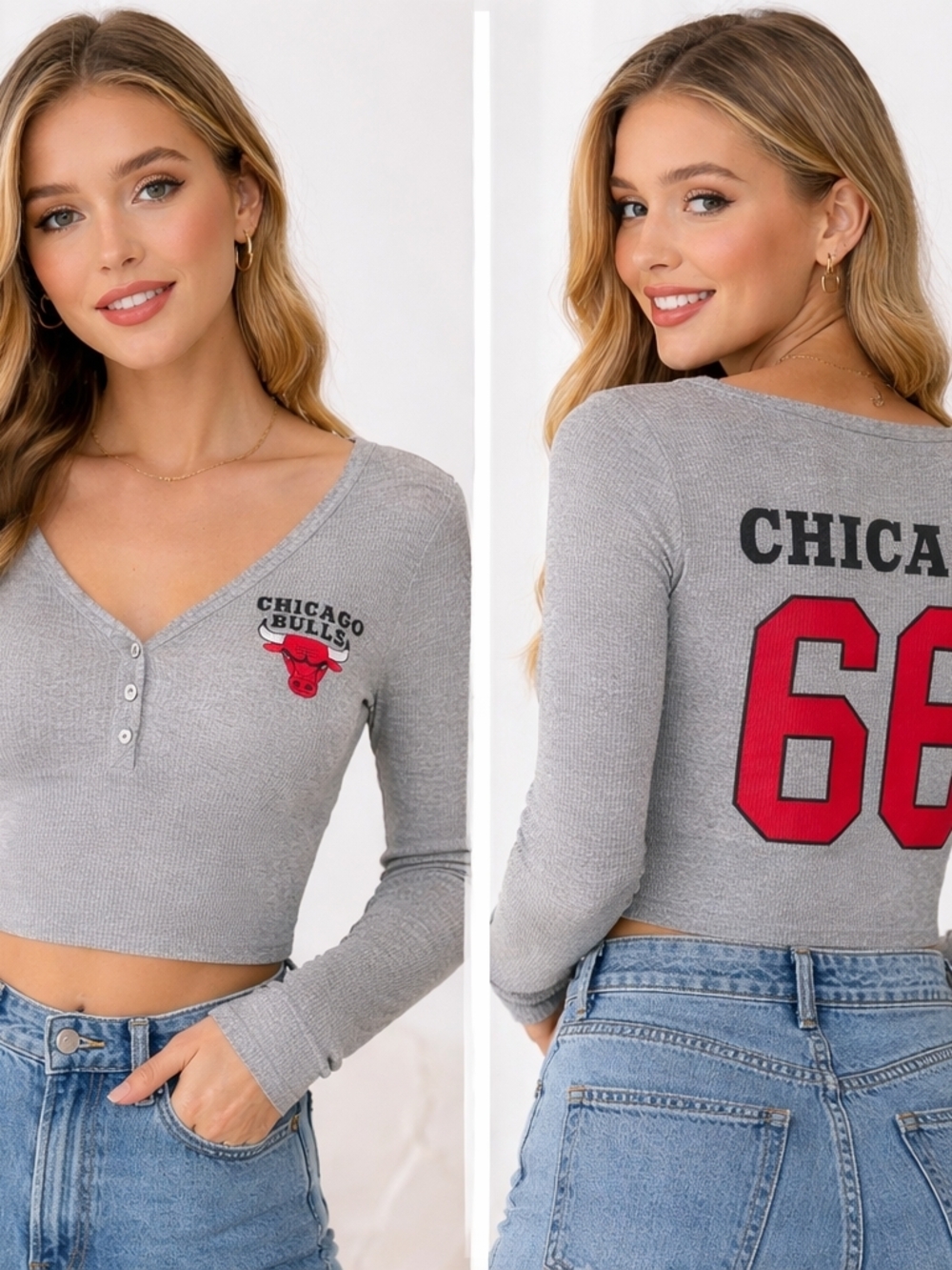 NBA Chicago Bulls Light Gray V-Neck Henley Sweater with Red Logo